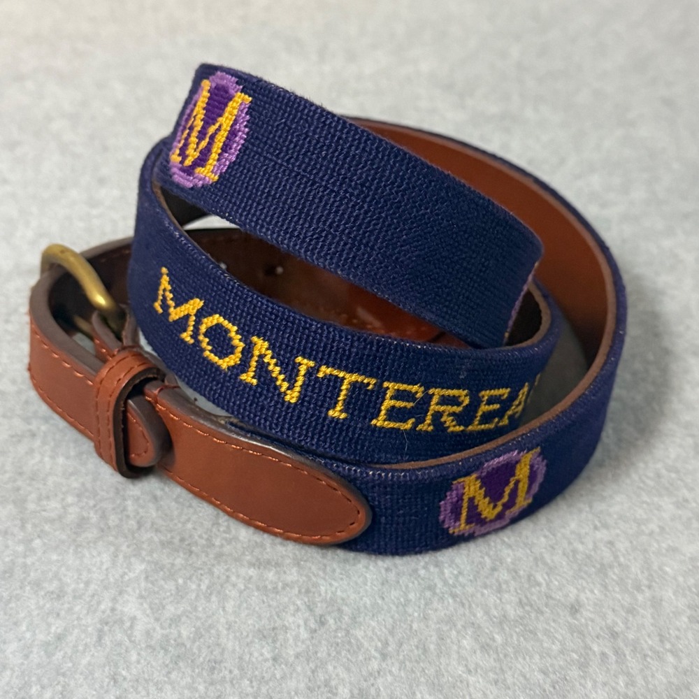 Smathers & Branson Montereau Needlepoint Belt Navy Blue Leather Mens 42